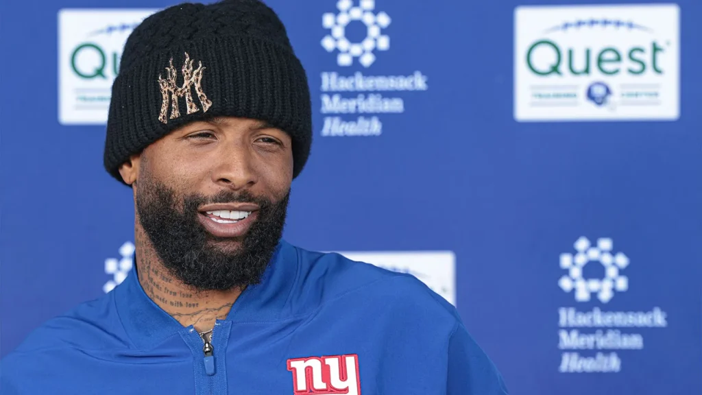 Jun 3, 2026; East Rutherford, NJ, USA; New York Giants wide receiver Odell Beckham Jr. (3) talks with media after organized team activities at Quest Diagnostics?