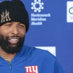 Jun 3, 2026; East Rutherford, NJ, USA; New York Giants wide receiver Odell Beckham Jr. (3) talks with media after organized team activities at Quest Diagnostics?