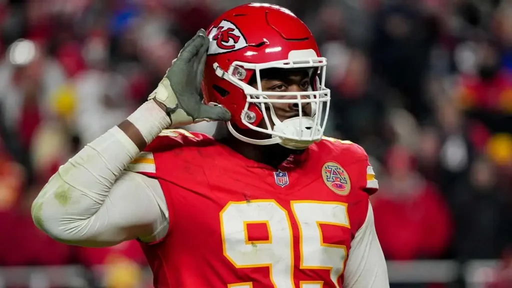 Dec 7, 2025; Kansas City, Missouri, USA; Kansas City Chiefs defensive tackle Chris Jones (95) celebrates after a play during the third quarter against the Houst?