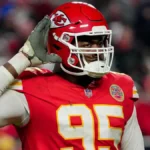Dec 7, 2025; Kansas City, Missouri, USA; Kansas City Chiefs defensive tackle Chris Jones (95) celebrates after a play during the third quarter against the Houst?